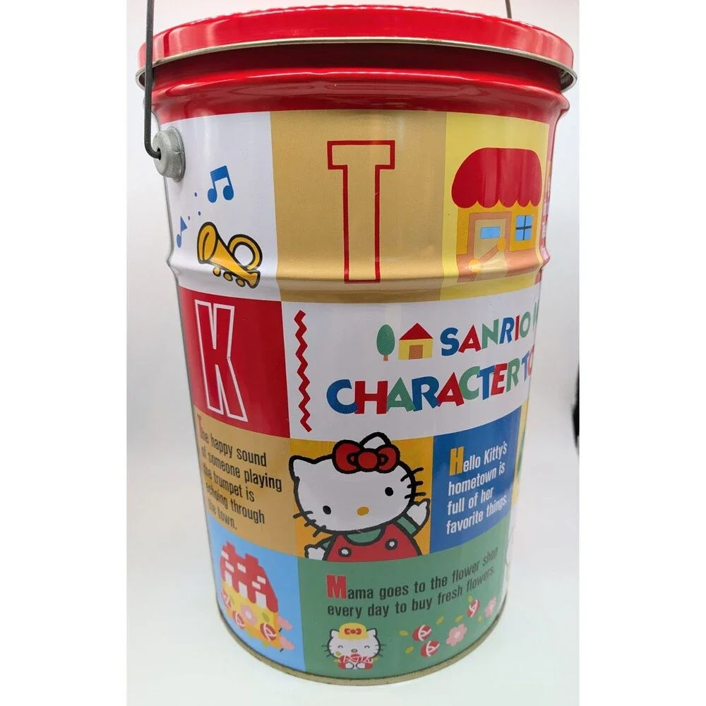 VTG Sanrio Hello Kitty Tin Bucket Pail Character Town With Handle And Lid 1990